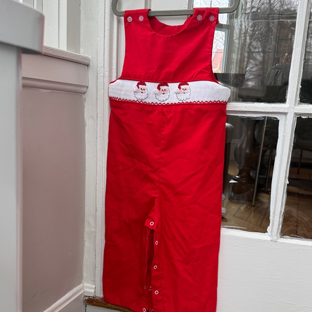 Red Holiday Santa Smocked Overalls